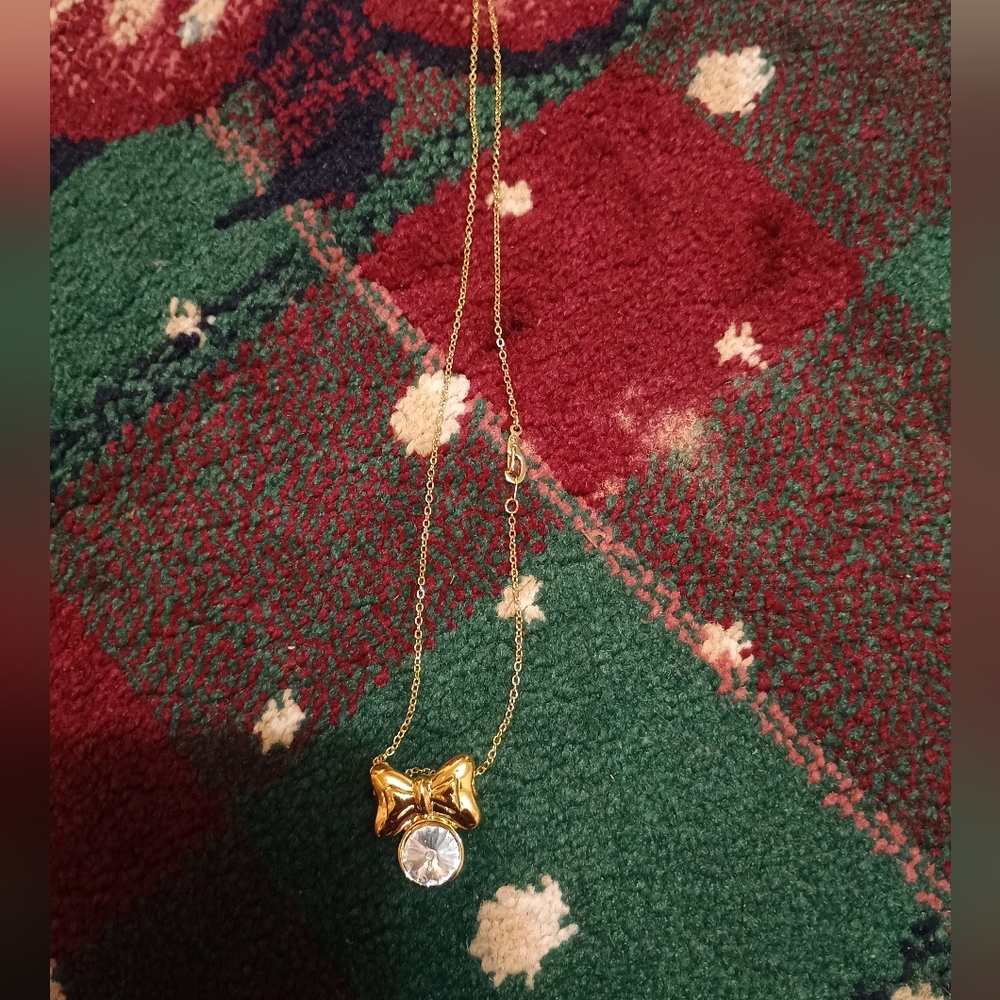 Gold Bow Pendant Necklace with Clear Crystal - Women Jewelry Necklaces - Picture 2 of 6